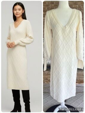 Venus Dress Cream Balloon Sleeve Midi Sweater Knit L/XL Quiet Luxury V-Neck
